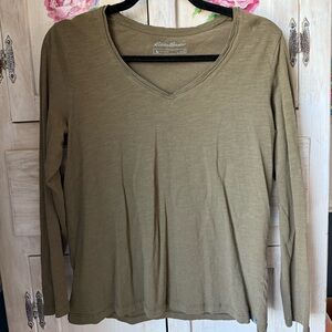 Eddie Bauer Women's Olive Long Sleeve Top - Basics - 100% Cotton - Size Medium